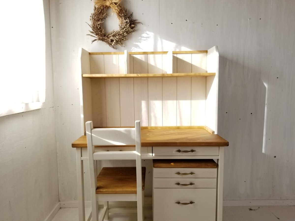 画像1: 無垢ヒノキで造る　デスク4点セット h720 w1000 d500　【オスモオーク×ミルキーホワイト】　セミオーダー品 (1)