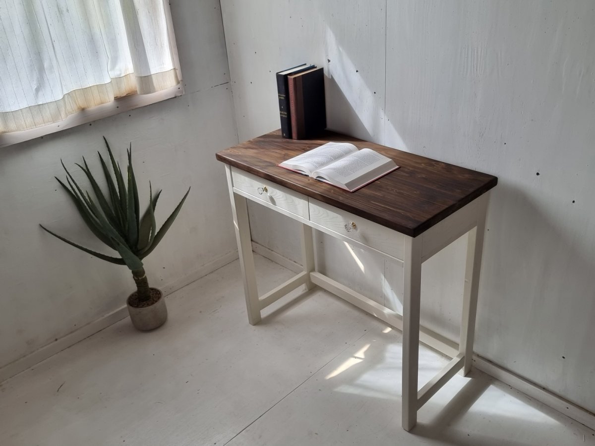 画像2: 無垢ヒノキで造る　パソコンデスク　学習机　ミシン台　【type1】　h800 w900 d420 【ステインオーク×ミルキーホワイト】　セミオーダー品　 (2)