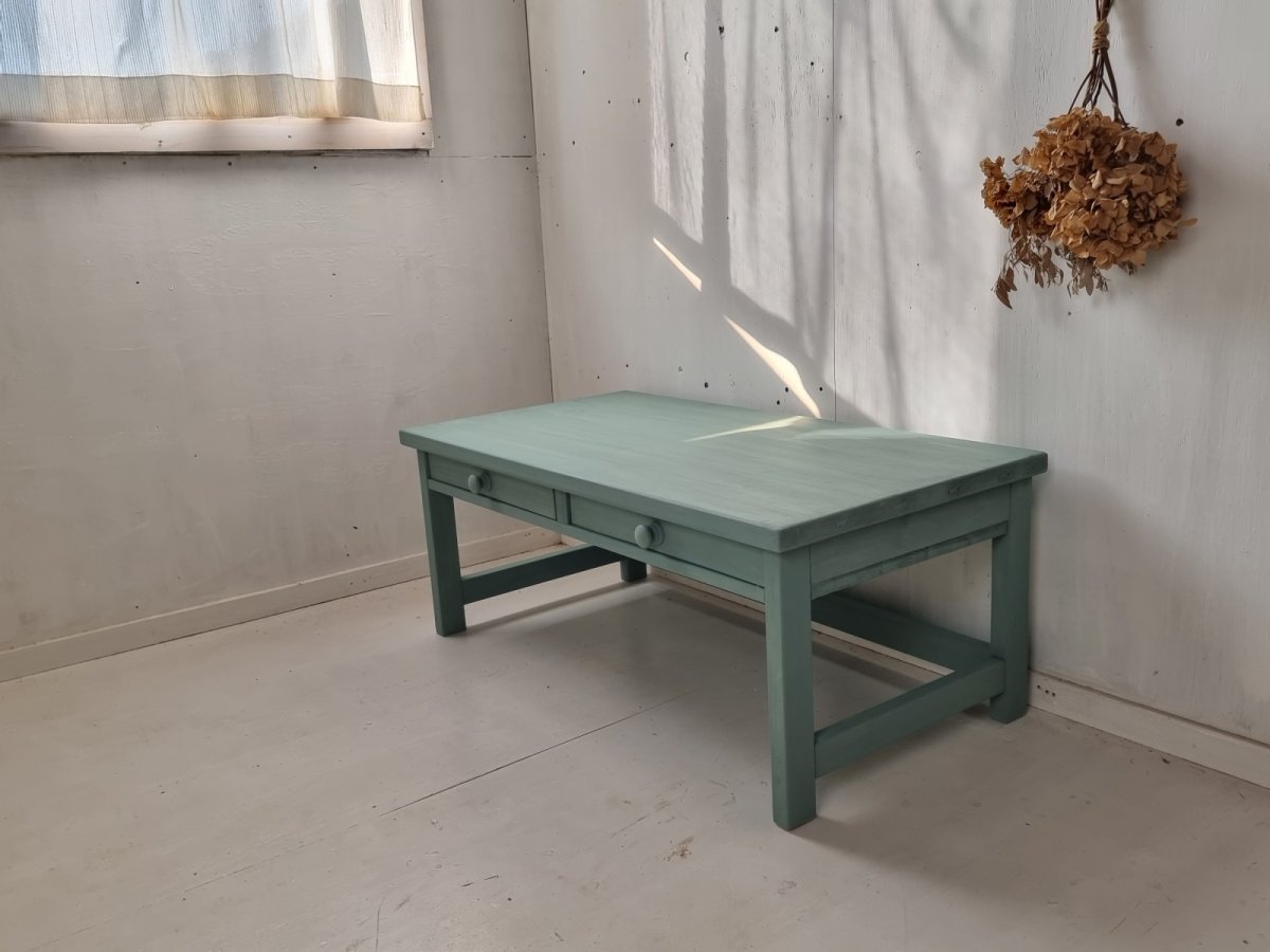 画像1: 無垢ヒノキで造る　パソコンデスク　学習机　ミシン台　高さ４０ｃｍ　【type2】　h400 w1000 d520 【アンティークブルー】セミオーダー品　 (1)