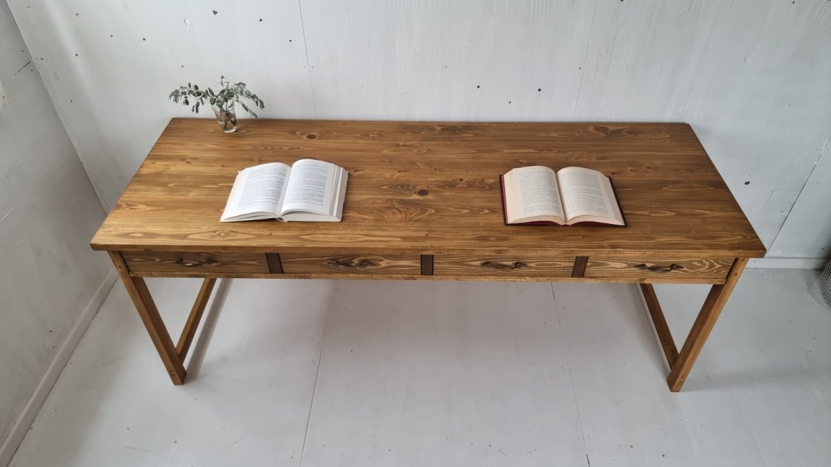 画像2: 無垢ヒノキで造る　パソコンデスク　学習机　ミシン台　引き出し４杯【type１】　h700 w1800 d650 【オスモウォルナット】　セミオーダー品　 (2)